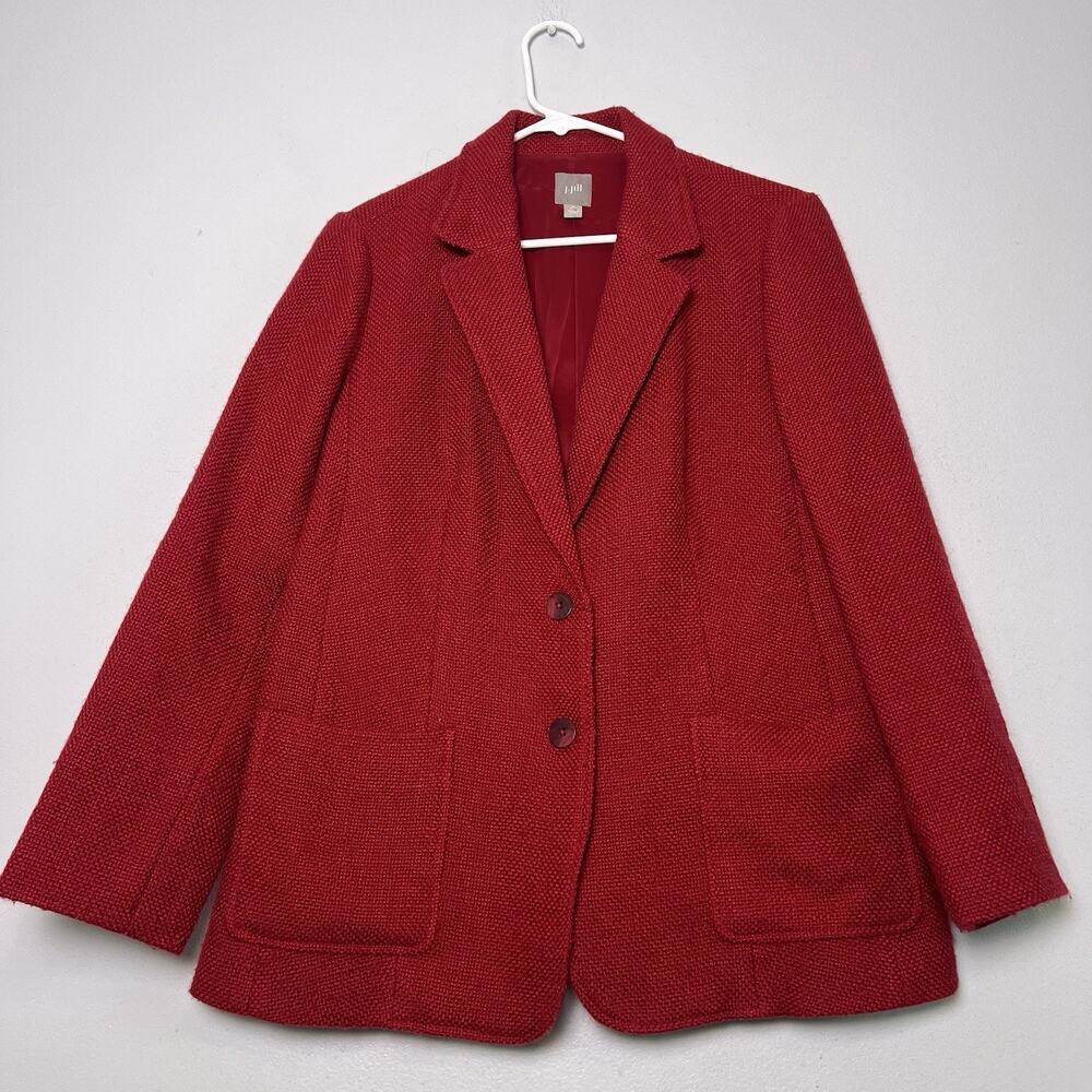 J Jill Womens Wool Blend Tweed Button Up Blazer Jacket Red Sz M Preppy Office
